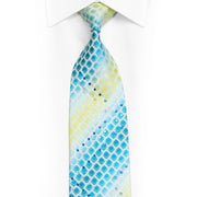 Green Yellow Geometric On White Rhinestone Necktie With Silver Sparkles