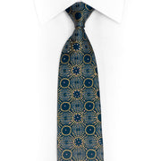 Gold Silver Medallions On Turquoise Rhinestone Silk Tie With Gold Sparkles