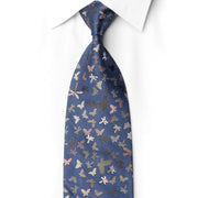 Full-length blue silk necktie with multicolored butterfly motifs, silver sparkles and crystal rhinestone accents