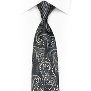 Silver Acanthus On Black Rhinestone Silk Necktie With Silver Sparkles