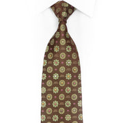 Green Foulard On Brown Rhinestone Silk Necktie With Silver Sparkles