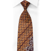 Golden Floral & Silver Scroll Rhinestone Silk Necktie — Dark Brown