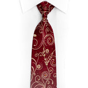 Gold Floral Scrolls On Burgundy Rhinestone Silk Necktie With Gold Sparkles