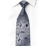 San-Dee silver silk rhinestone necktie with rose floral jacquard pattern and crystal rhinestone accents, worn on white dress shirt