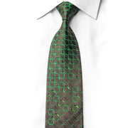 San-Dee rhinestone silk necktie in brown with green overlapping circle weave pattern and silver crystal rhinestone sparkles, laid flat on white shirt