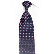 Purple Geometric Checkered On Navy Blue Rhinestone Silk Tie With Sparkles