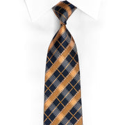 Orange Navy Plaid Design Rhinestone Silk Tie With Silver