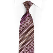 Purple Checkered On Brown Rhinestone Silk Tie With Silver