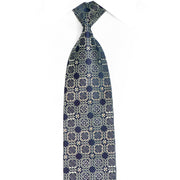 Silver Floral Cartouche On Dark Blue Rhinestone Silk