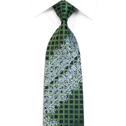 Rhinestone Tie Silver Cartouche On Green Navy Trellis