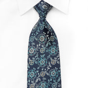 Aquascutum Rhinestone Necktie Turquoise Floral On Dark Blue With Sparkles - San-Dee