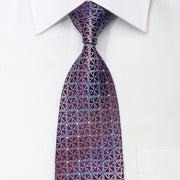 Brentwood Men's Silk Necktie Blue Trellis On Burgundy Sparkling With Rhinestones - San-Dee