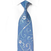 Cabrini Mens Crystal Rhinestone Silk Necktie Floral Scrolls On Blue Mauve With Sparkles - San-Dee