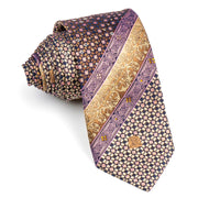 Cabrini Rhinestone Silk Neck Tie Checks & Stripes On Brown With Golden Sparkles - San-Dee