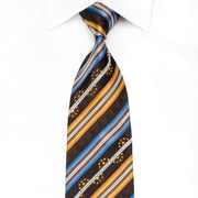 Elegance Men's Crystal Silk Necktie Orange Blue Silver Striped On Brown Sparkling With Rhinestones - San-Dee