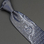 Elegance Silk Neck Tie Silver Scroll Quatrefoil On Dark Blue With Rhinestones - San-Dee