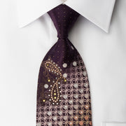 Elegance Silk Rhinestone Necktie Paisley Interlocking Circles On Brown With Silver Sparkles - San-Dee