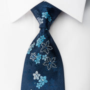 Grang Cia Rhinestone Silk Necktie Floral On Blue With Blue
