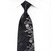 Indian Homme Mens Rhinestone Tie Silver Floral On Black Silk