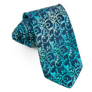 Lancetti SIlk Rhinestone Necktie Turquoise Vines On Navy