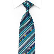 Men’s Rhinestone Silk Necktie Striped On Blue With Silver