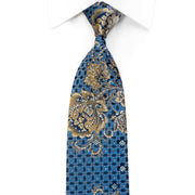 Men’s Rhinestone Silk Tie Gold Floral On Blue With Gold