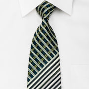 Mila Schon Men’s Silk Necktie Green Silver Striped On Black