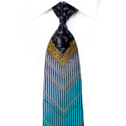 Mila Schon Rhinestone Silk Tie V-Striped Paisley On Navy