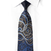 San-Dee navy silk necktie with blue and gold swirling embroidery and crystal rhinestones laid diagonally on a white background.