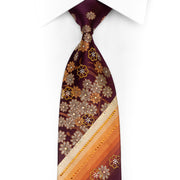 Gold Orange Floral Design On Burgundy Rhinestone Tie With Gold Sparkles