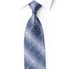 Rolled San-Dee PL125 silk tie with interlocking blue and silver squares, scattered crystal rhinestones and fine diagonal sparkling trails.
