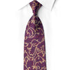 San-Dee royal plum silk necktie with crystal rhinestones and ornate gold-toned scrollwork, rolled view