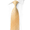 A gold and beige patterned necktie knotted in a collar on a white dress shirt, shown against a plain white background.