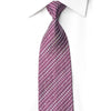 A purple and white patterned necktie knotted on a white collared dress shirt, shown against a plain white background.