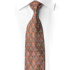 San-Dee copper baroque fleur-de-lis rhinestone silk necktie styled on white dress shirt showing intricate scrollwork lattice pattern with aurora borealis crystal rhinestone clusters