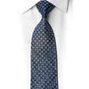 San-Dee navy blue geometric rhinestone silk necktie laid flat on white dress shirt showing full length and crystal sparkle detail