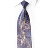 San-Dee TLS27 silk tie laid diagonally, with silver arabesque scrollwork, blue paisley, crystal rhinestones and a cocoa-plum ground.