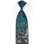 Silver Turquoise Acanthus Scrolls On Black Rhinestone Silk