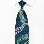 Krawatte mit grünen, silbernen Wellen und geometrischem Muster auf marineblauem Strassstein mit silbernen Glitzern