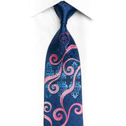 Pink Scrolls Blue Anthemion On Navy Rhinestone Silk Tie