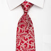 Bruno Baffi Men's Silk Tie Silver Scrolls On Red Sparkling With Rhinestones - San-Dee