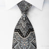 Smalto Men’s Woven Silk Necktie Silver Damask On Black With 