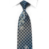 Yezak Rhinestone Silk Necktie Silver Scrolls Blue Cartouche 